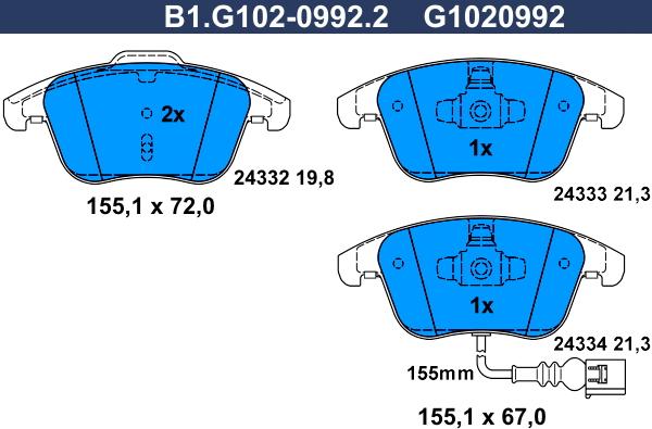 Galfer B1.G102-0992.2 - Тормозные колодки, дисковые, комплект autospares.lv