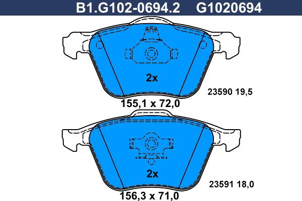 Galfer B1.G102-0694.2 - Тормозные колодки, дисковые, комплект autospares.lv