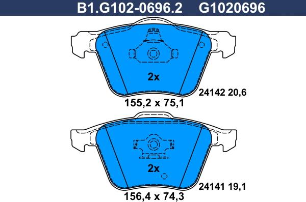 Galfer B1.G102-0696.2 - Тормозные колодки, дисковые, комплект autospares.lv