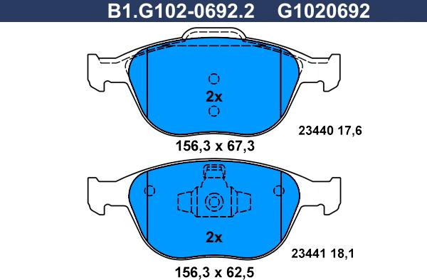 Galfer B1.G102-0692.2 - Тормозные колодки, дисковые, комплект autospares.lv