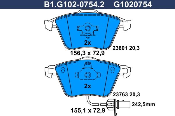 Galfer B1.G102-0754.2 - Тормозные колодки, дисковые, комплект autospares.lv