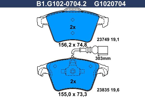 Galfer B1.G102-0704.2 - Тормозные колодки, дисковые, комплект autospares.lv