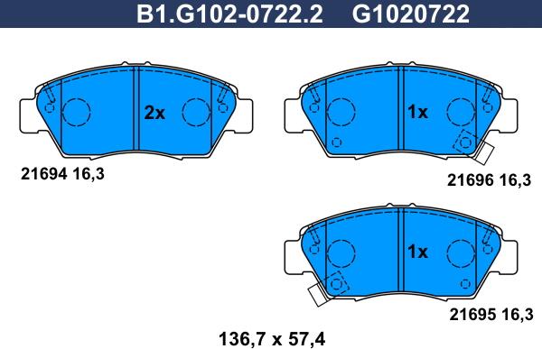 Galfer B1.G102-0722.2 - Тормозные колодки, дисковые, комплект autospares.lv