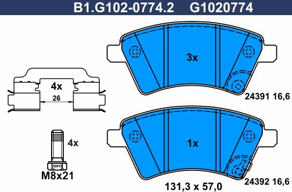 Galfer B1.G102-0774.2 - Тормозные колодки, дисковые, комплект autospares.lv