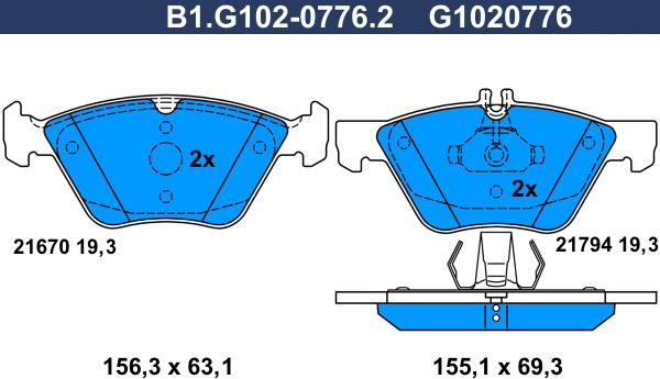 Galfer B1.G102-0776.2 - Тормозные колодки, дисковые, комплект autospares.lv