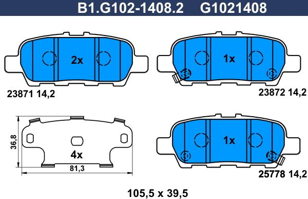 Galfer B1.G102-1408.2 - Тормозные колодки, дисковые, комплект autospares.lv