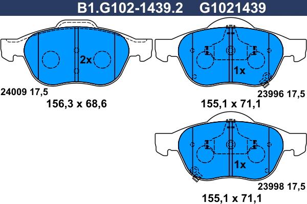 Galfer B1.G102-1439.2 - Тормозные колодки, дисковые, комплект autospares.lv