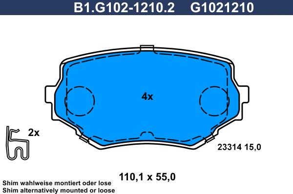 Galfer B1.G102-1210.2 - Тормозные колодки, дисковые, комплект autospares.lv