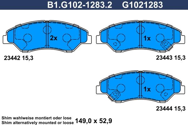 Galfer B1.G102-1283.2 - Тормозные колодки, дисковые, комплект autospares.lv