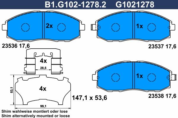 Galfer B1.G102-1278.2 - Тормозные колодки, дисковые, комплект autospares.lv