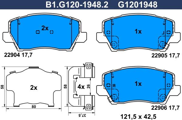 Galfer B1.G120-1948.2 - Тормозные колодки, дисковые, комплект autospares.lv