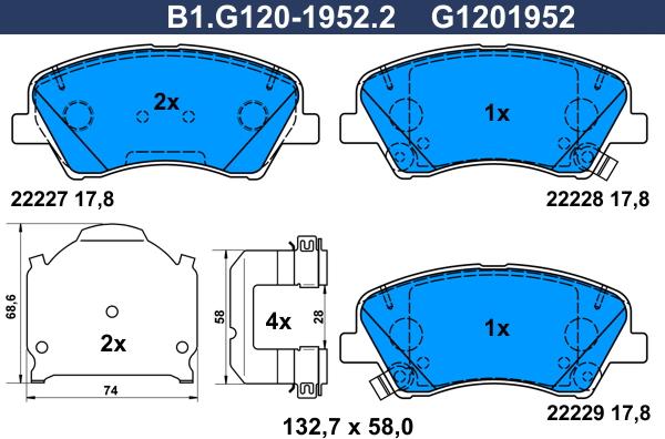 Galfer B1.G120-1952.2 - Тормозные колодки, дисковые, комплект autospares.lv