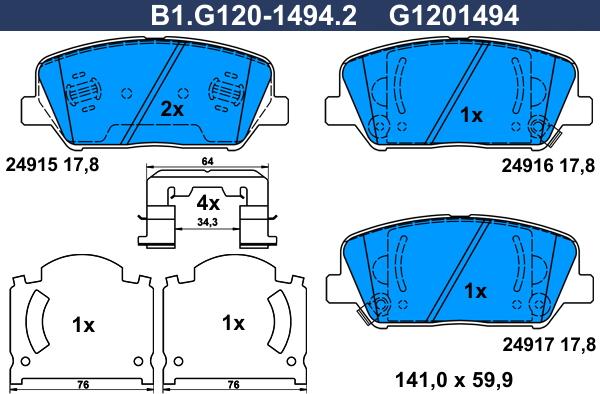 Galfer B1.G120-1494.2 - Тормозные колодки, дисковые, комплект autospares.lv