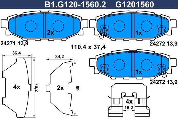 Galfer B1.G120-1560.2 - Тормозные колодки, дисковые, комплект autospares.lv