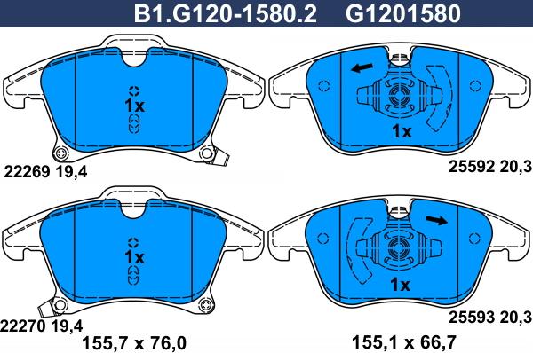 Galfer B1.G120-1580.2 - Тормозные колодки, дисковые, комплект autospares.lv