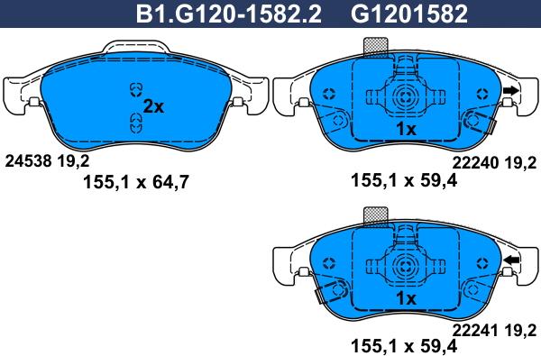 Galfer B1.G120-1582.2 - Тормозные колодки, дисковые, комплект autospares.lv