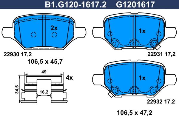 Galfer B1.G120-1617.2 - Тормозные колодки, дисковые, комплект autospares.lv