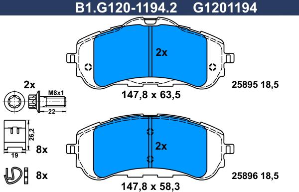Galfer B1.G120-1194.2 - Тормозные колодки, дисковые, комплект autospares.lv