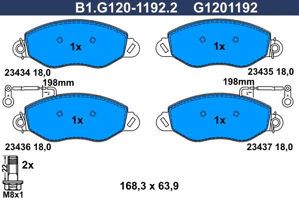 Galfer B1.G120-1192.2 - Тормозные колодки, дисковые, комплект autospares.lv