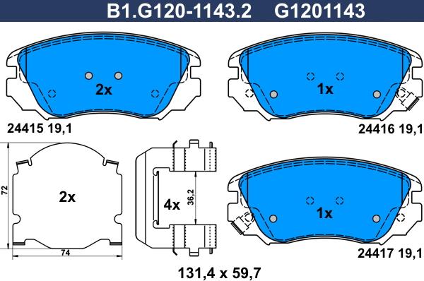 Galfer B1.G120-1143.2 - Тормозные колодки, дисковые, комплект autospares.lv