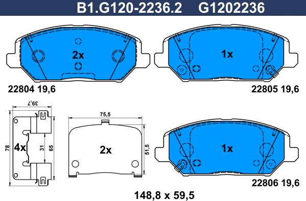 Galfer B1.G120-2236.2 - Тормозные колодки, дисковые, комплект autospares.lv