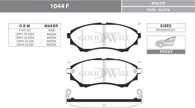 GoodWill 1044 F - Тормозные колодки, дисковые, комплект autospares.lv