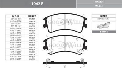 GoodWill 1042 F - Тормозные колодки, дисковые, комплект autospares.lv