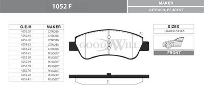 GoodWill 1052 F - Тормозные колодки, дисковые, комплект autospares.lv