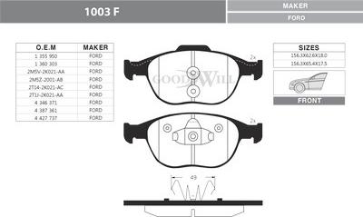 GoodWill 1003 F - Тормозные колодки, дисковые, комплект autospares.lv