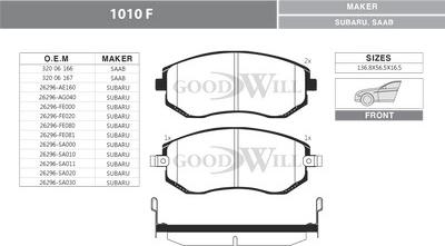 GoodWill 1010 F - Тормозные колодки, дисковые, комплект autospares.lv