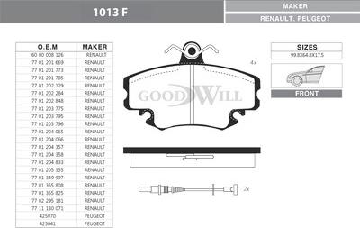 GoodWill 1013 F - Тормозные колодки, дисковые, комплект autospares.lv