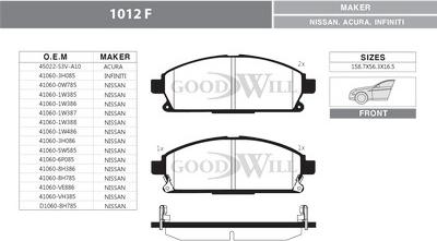 GoodWill 1012 F - Тормозные колодки, дисковые, комплект autospares.lv