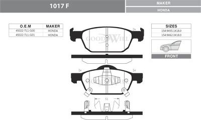 GoodWill 1017 F - Тормозные колодки, дисковые, комплект autospares.lv