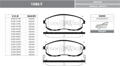 GoodWill 1086/1 F - Тормозные колодки, дисковые, комплект autospares.lv