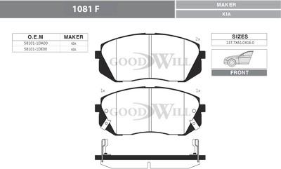 GoodWill 1081 F - Тормозные колодки, дисковые, комплект autospares.lv