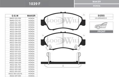 GoodWill 1039 F - Тормозные колодки, дисковые, комплект autospares.lv