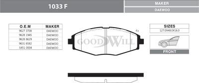 GoodWill 1033 F - Тормозные колодки, дисковые, комплект autospares.lv