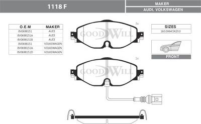 GoodWill 1118 F - Тормозные колодки, дисковые, комплект autospares.lv