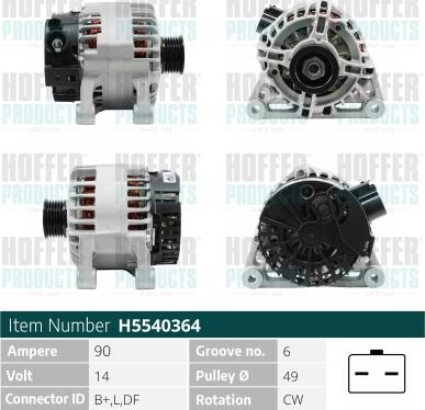 Hoffer H5540364 - Генератор autospares.lv