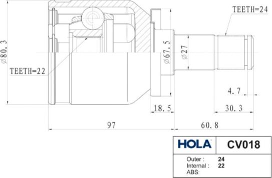 Hola CV018 - Шарнирный комплект, ШРУС, приводной вал autospares.lv