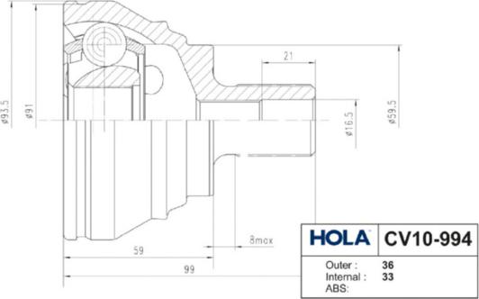 Hola CV10-994 - Шарнирный комплект, ШРУС, приводной вал autospares.lv