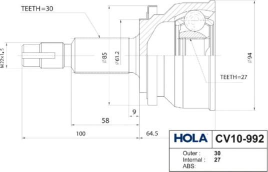 Hola CV10-992 - Шарнирный комплект, ШРУС, приводной вал autospares.lv