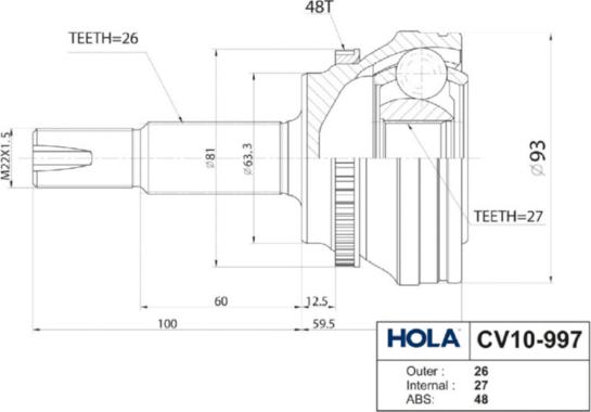 Hola CV10997 - Шарнирный комплект, ШРУС, приводной вал autospares.lv