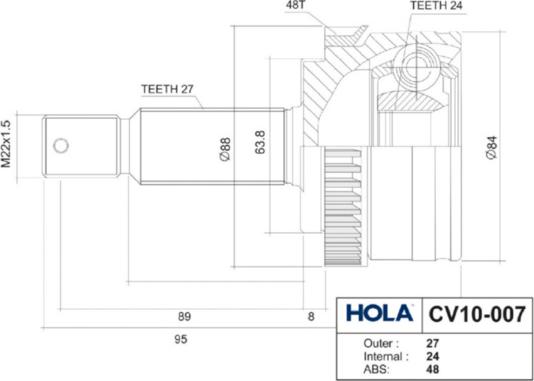 Hola CV10007 - Шарнирный комплект, ШРУС, приводной вал autospares.lv