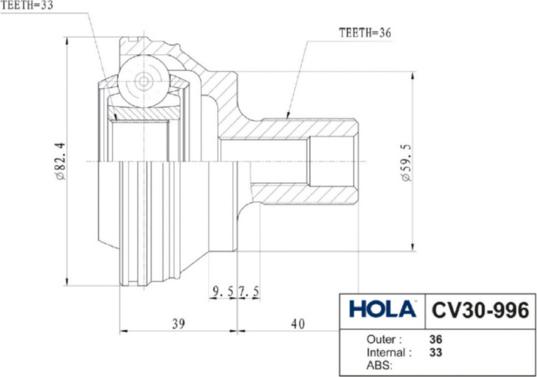 Hola CV30-996 - Шарнирный комплект, ШРУС, приводной вал autospares.lv