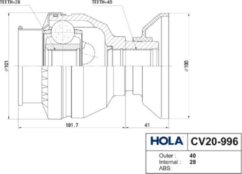 Hola CV20-996 - Шарнирный комплект, ШРУС, приводной вал autospares.lv