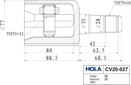 Hola CV20-027 - Шарнирный комплект, ШРУС, приводной вал autospares.lv