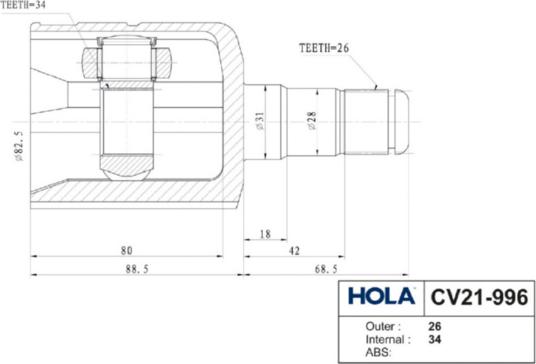 Hola CV21-996 - Шарнирный комплект, ШРУС, приводной вал autospares.lv