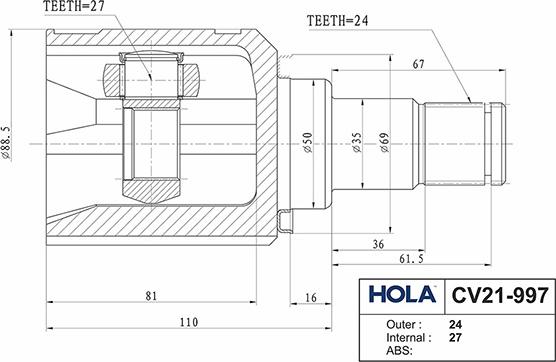 Hola CV21-997 - Шарнирный комплект, ШРУС, приводной вал autospares.lv