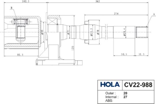 Hola CV22-988 - Шарнирный комплект, ШРУС, приводной вал autospares.lv